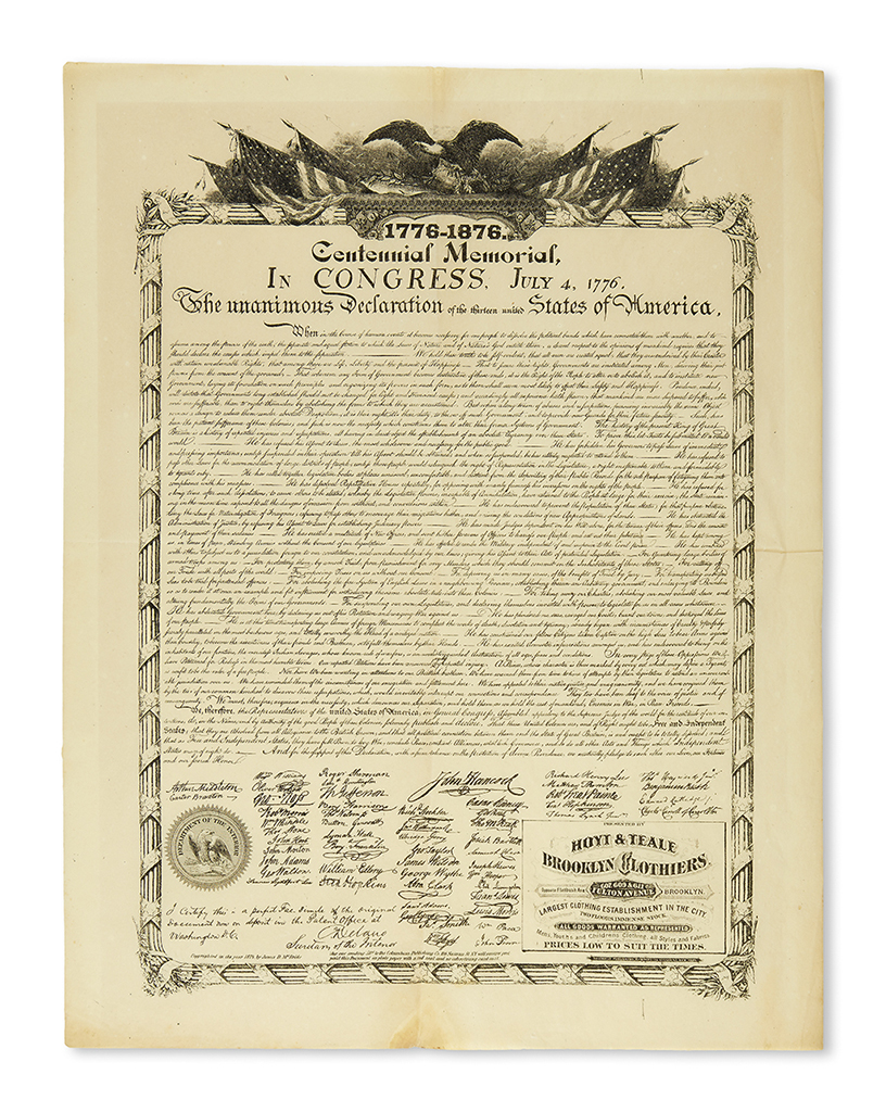 (DECLARATION OF INDEPENDENCE.) 1776-1876 Centennial Memorial. In Congress, July 4, 1776.